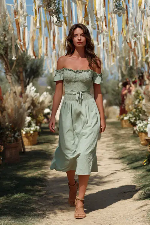 A woman in a pastel green smocked sundress with short sleeves and woven wedges, walking through a bohemian-style garden wedding setup, full body view 