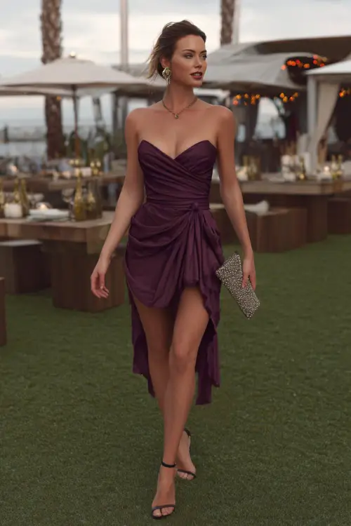 A woman in a short plum wrap dress with a high-low hem and sparkly clutch, walking across a lawn lined with cocktail tables and candles, full body view