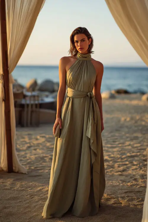 A woman in a sleek sleeveless olive green dress with a side bow detail and a pearl clutch, standing under a wedding canopy near the beach at golden hour 
