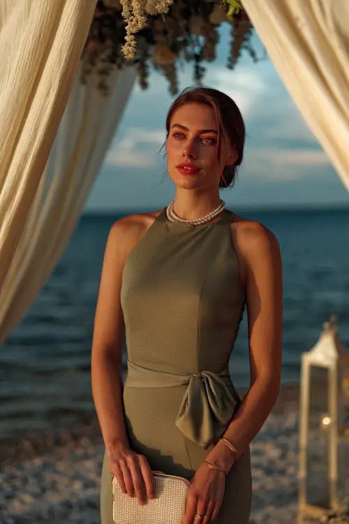 A woman in a sleek sleeveless olive green dress with a side bow detail and a pearl clutch, standing under a wedding canopy near the beach at golden hour