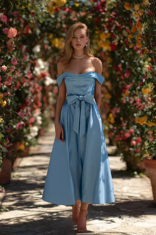A woman in a soft blue off-shoulder A-line dress with a bow belt and pearl earrings, walking through a rose-covered garden path at an elegant summer wedding 