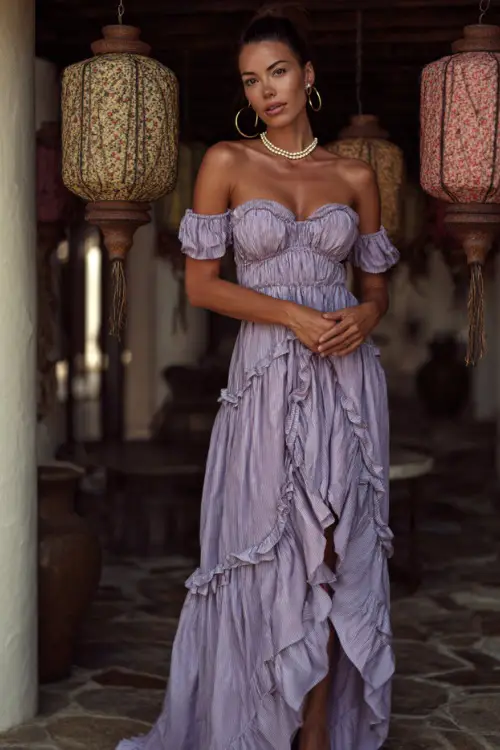 A woman in a soft lavender off-shoulder flowy dress with a ruffle skirt and pearl earrings, posing under hanging lanterns at an elegant summer wedding reception 