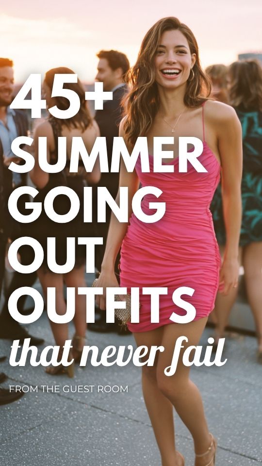 A woman in a summer going out outfit with a hot pink ruched bodycon dress with a cowl neckline, barely-there strappy gold heeled sandals and a miniature rhinestone clutch