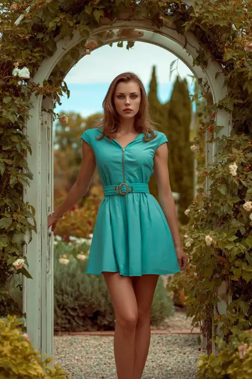 A woman in a teal short A-line dress with cap sleeves and a thin belt, standing near a decorated wedding arch in a botanical garden setting, full body view