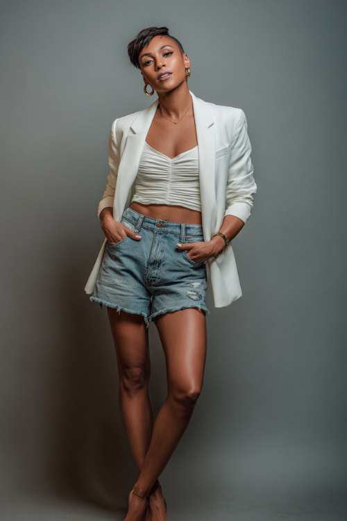 A woman in a white fitted crop top with oversized blazer, denim cutoffs, and heeled mules, styled for a trendy NYC summer night out, simple studio background 