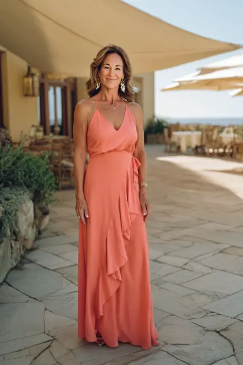 A woman over 40 in a coral sleeveless maxi dress with ruffle details and drop earrings, posing on a shaded stone patio at a coastal wedding venue