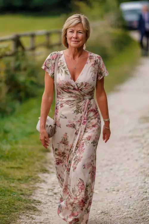 A woman over 40 in a floral wrap dress with a V-neckline and short sleeves, walking along a gravel path at a countryside summer wedding, full body view 