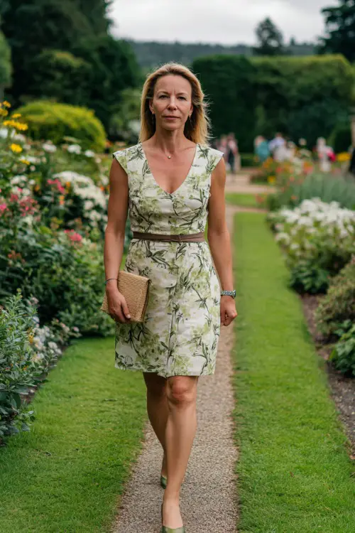 A woman over 40 in a knee-length floral print dress with cap sleeves and a straw clutch, walking past blooming flower beds at a summer wedding garden 