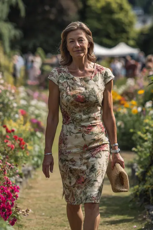 A woman over 40 in a knee-length floral print dress with cap sleeves and a straw clutch, walking past blooming flower beds at a summer wedding garden