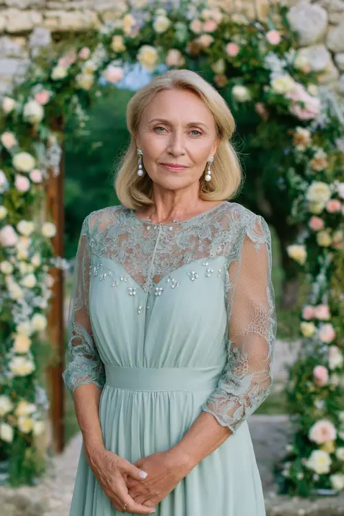 A woman over 40 in a light mint green A-line dress with lace sleeves and pearl earrings, standing in front of a blooming archway at a countryside summer wedding