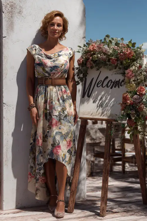 A woman over 40 in a printed chiffon high-low dress with cap sleeves and a matching belt, standing beside a floral welcome sign at a chic outdoor summer wedding 