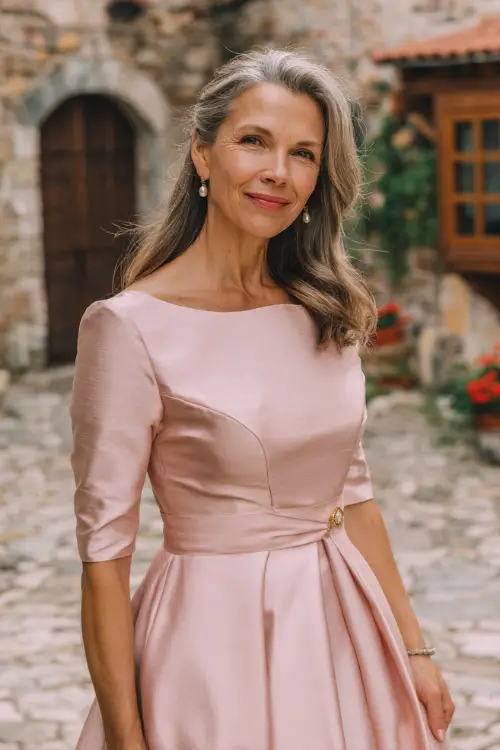 A woman over 40 in a soft pink fit-and-flare dress with elbow-length sleeves and pearl earrings, posing on a cobblestone path leading to a summer ceremony