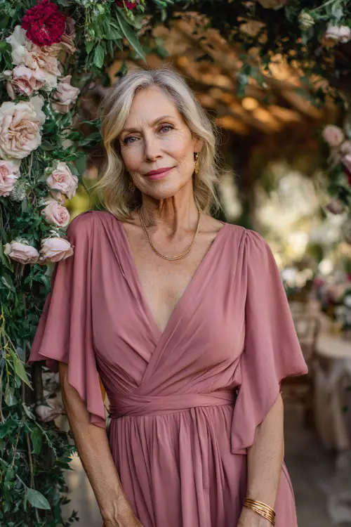 A woman over 40 wearing a dusty rose wrap dress with flutter sleeves and gold jewelry, posing beside a romantic flower arch at a traditional wedding venue