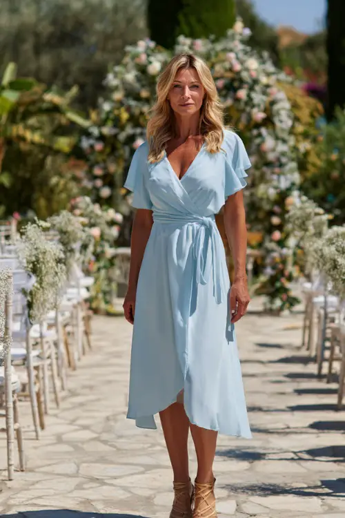 A woman over 40 wearing a light blue midi dress with flutter sleeves and wedge sandals, standing in a sunlit garden aisle with white chairs and floral decorations 