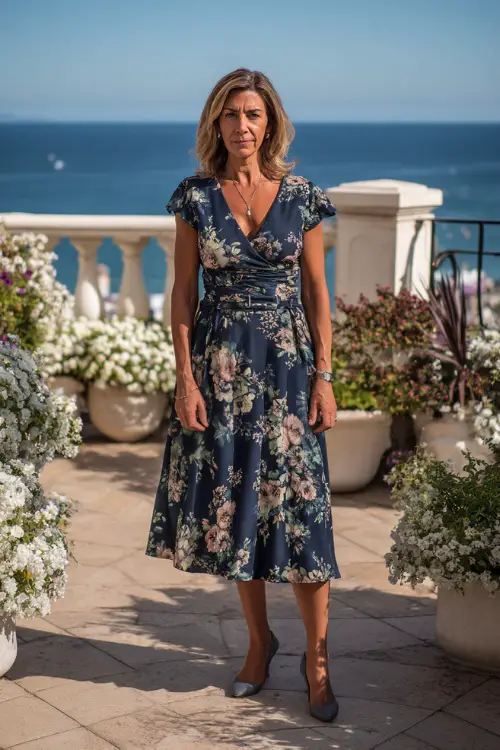A woman over 40 wearing a navy floral tea-length dress with a belted waist and peep-toe heels, standing on a terrace with sea views and white florals 