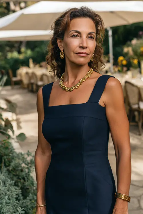 A woman over 40 wearing a sleeveless navy sheath dress with a square neckline and gold jewelry, posing near a white tented reception area in a garden setting 