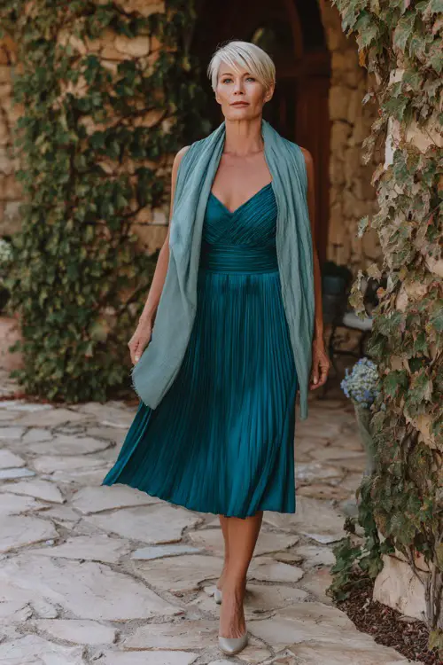 A woman over 40 wearing a sleeveless pleated teal midi dress with a matching shawl and simple heels, walking by a stone wall covered in vines at a summer estate wedding