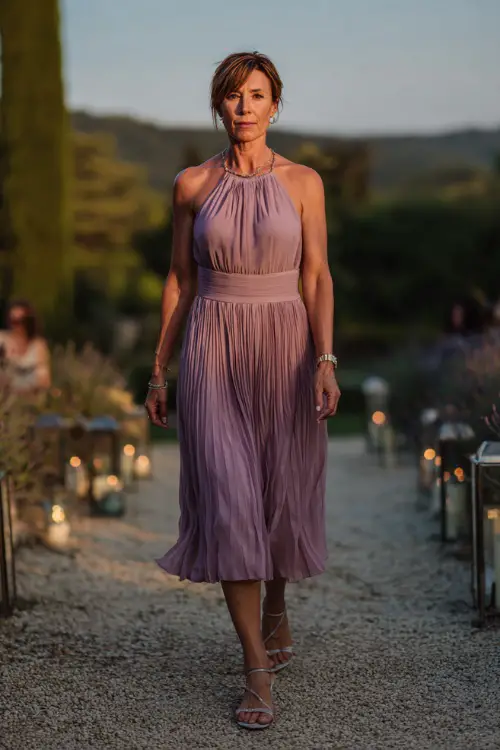 A woman over 40 wearing a sleeveless soft lilac midi dress with pleated skirt and silver sandals, walking through a candlelit garden aisle at a sunset ceremony