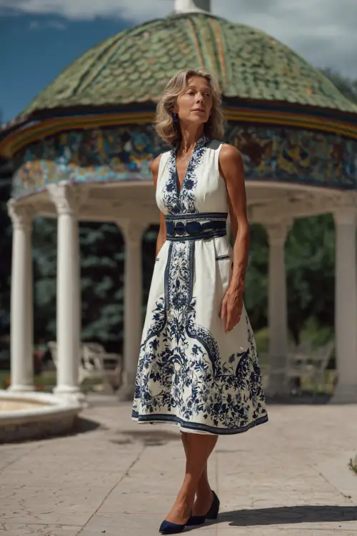 A woman over 40 wearing a white and navy A-line midi dress with a cinched waist and ballet flats, standing near a decorated outdoor gazebo, full body view 