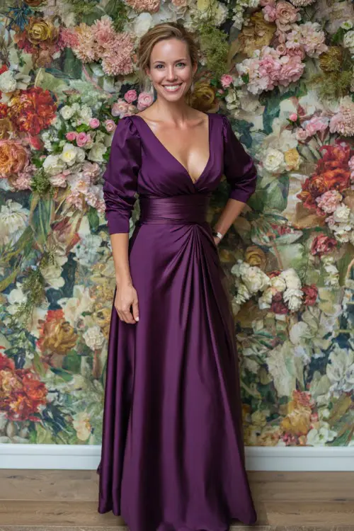 A woman over 50 in a deep purple formal dress with three-quarter sleeves and satin sash, posing beside a floral wall backdrop at a luxurious wedding reception 