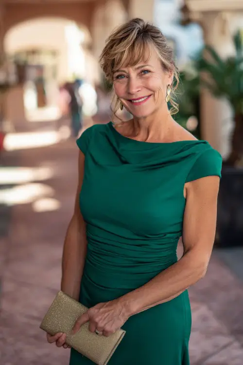 A woman over 50 in a fitted emerald green cocktail dress with short cap sleeves and ruched detail, holding a clutch at an upscale outdoor cocktail reception 
