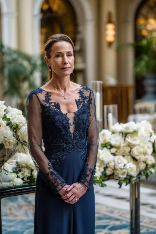 A woman over 50 in a navy blue gown with sheer long sleeves and embroidered details, standing beside white rose arrangements at an upscale indoor ceremony 