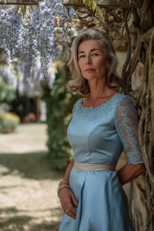 A woman over 50 in a pale blue knee-length dress with delicate lace sleeves and a satin belt, posing near a canopy of hanging wisteria at a romantic garden cocktail wedding 