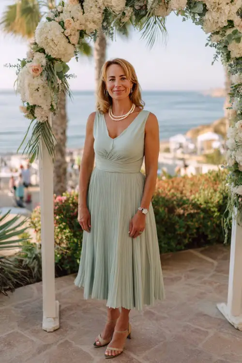 A woman over 50 in a pastel mint green midi dress with pleated skirt and pearl necklace, posing by a decorated entry arch at a coastal cocktail wedding 