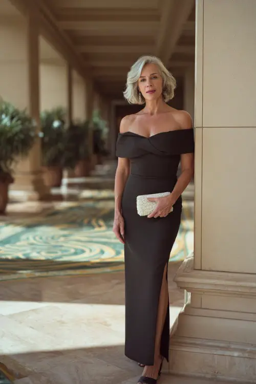 A woman over 50 in a sleek black off-the-shoulder evening dress with a side slit and pearl clutch, posing in front of a luxury hotel entrance, full body view