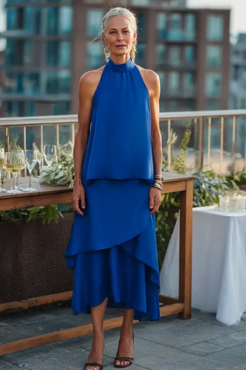 A woman over 50 in a sleeveless cobalt blue dress with a high neckline and layered hem, standing on a rooftop terrace decorated for a wedding cocktail hour 