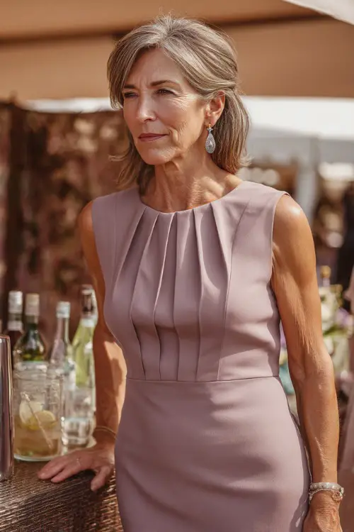 A woman over 50 in a sleeveless mauve sheath dress with pleated detailing and silver earrings, standing beside a bar setup at a classy outdoor wedding event 