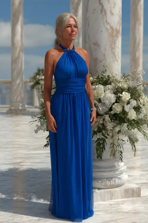 A woman over 50 in a sleeveless royal blue chiffon gown with an empire waist and soft pleats, posing near a white marble gazebo at a formal outdoor wedding 