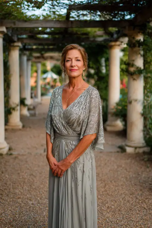 A woman over 50 in a soft gray sequin-embellished gown with flutter sleeves and a flowing skirt, standing under a decorated pergola at a sunset garden wedding 