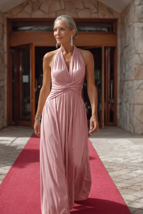 A woman over 50 in a soft pink halter-neck gown with a gathered waist and drop earrings, walking on a red carpet outside a wedding hall, full body view 