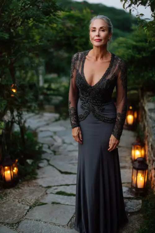 A woman over 50 wearing a charcoal gray embellished gown with illusion sleeves and a subtle mermaid silhouette, posing near a candlelit pathway at a twilight garden wedding 