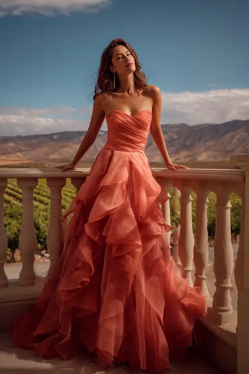 A woman over 50 wearing a coral A-line gown with a structured bodice and layered tulle skirt, posing on a balcony overlooking a vineyard wedding setting 