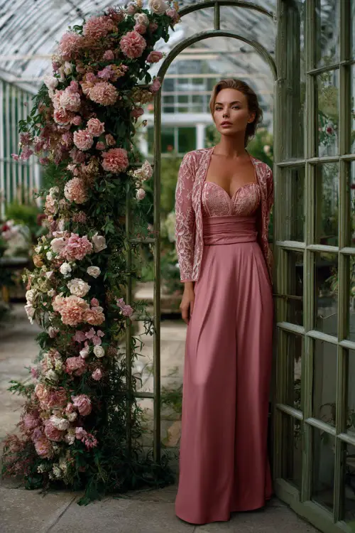 A woman over 50 wearing a dusty rose floor-length gown with a square neckline and lace overlay, standing beside an elegant floral arch inside a glasshouse venue 