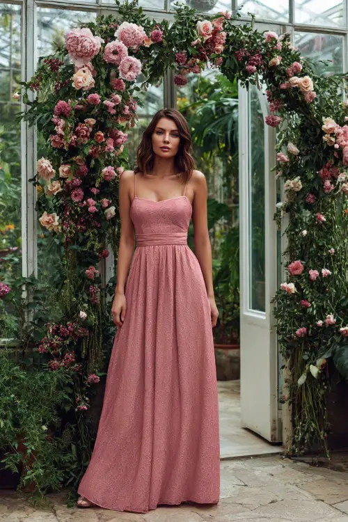 A woman over 50 wearing a dusty rose floor-length gown with a square neckline and lace overlay, standing beside an elegant floral arch inside a glasshouse venue