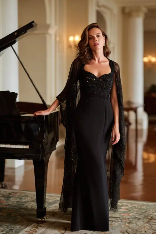 A woman over 50 wearing a fitted black evening gown with a sheer cape overlay and subtle sequins, standing beside a grand piano in an elegant ballroom 