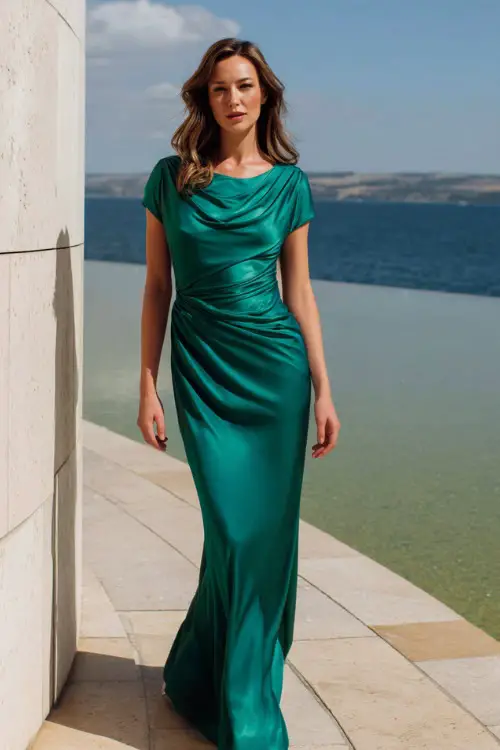 A woman over 50 wearing a fitted emerald green silk gown with short sleeves and subtle ruching, walking beside a lake at an elegant wedding venue 