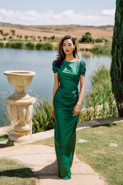A woman over 50 wearing a fitted emerald green silk gown with short sleeves and subtle ruching, walking beside a lake at an elegant wedding venue 