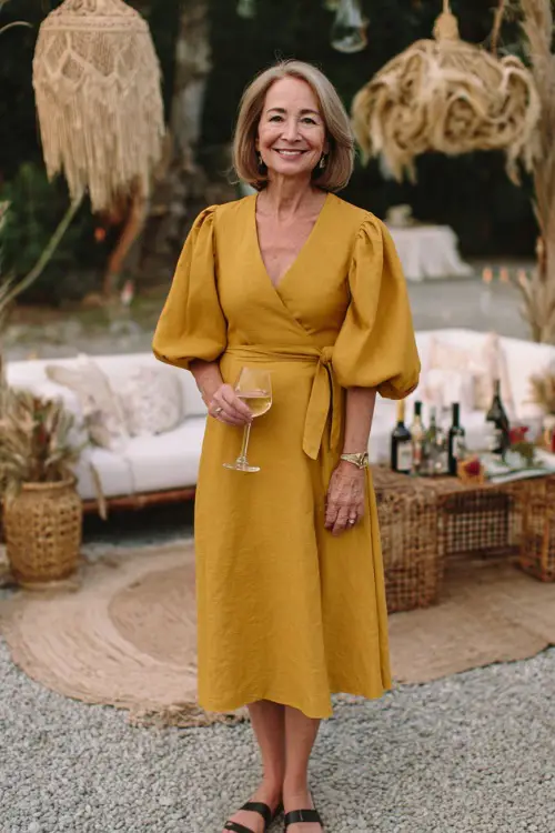 A woman over 50 wearing a mustard yellow belted midi dress with subtle puff sleeves and espadrille wedges, smiling near a boho-chic cocktail wedding setup 