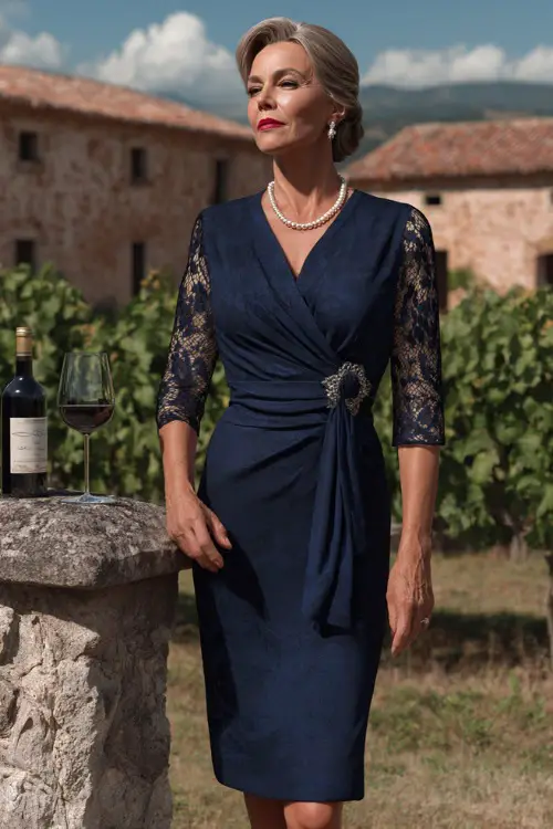A woman over 50 wearing a navy blue knee-length sheath dress with lace overlay and pearl drop earrings, standing near a vineyard wedding setup 