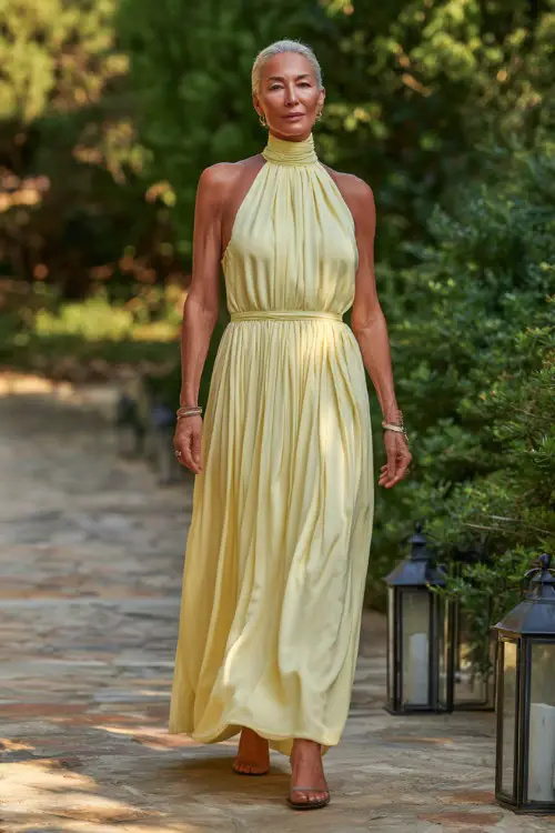 A woman over 50 wearing a pastel yellow high-neck formal gown with a pleated skirt and strappy sandals, standing on a garden path lined with lanterns 