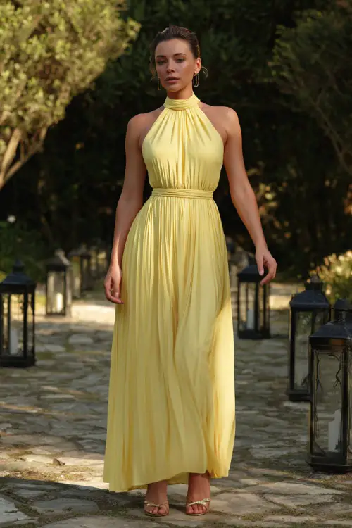 A woman over 50 wearing a pastel yellow high-neck formal gown with a pleated skirt and strappy sandals, standing on a garden path lined with lanterns