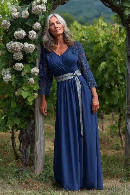 A woman over 50 wearing a royal blue A-line gown with lace sleeves and a silver belt, standing beside a floral arch in a vineyard setting, full body view 