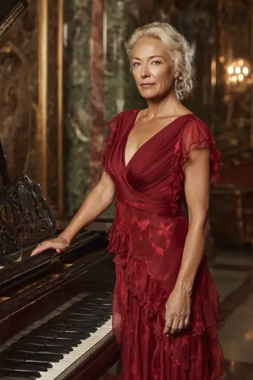 A woman over 50 wearing a ruby red V-neck gown with flutter sleeves and a layered skirt, standing by a grand piano in an elegant indoor setting 