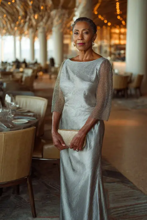 A woman over 50 wearing a silver metallic column dress with sheer sleeves and clutch bag, standing in a high-end indoor wedding reception space 
