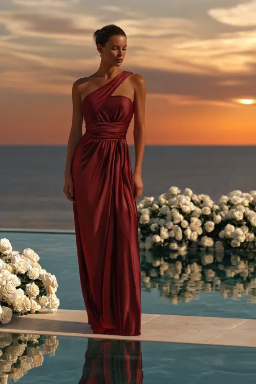 A woman over 50 wearing a sleek wine-colored gown with a one-shoulder neckline and satin finish, standing by a reflective pool surrounded by white roses at a sunset ceremony 