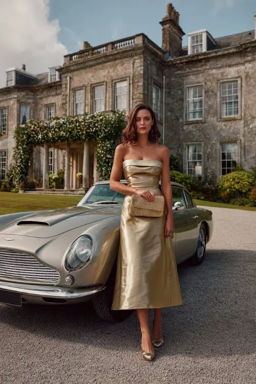 A woman over 50 wearing a soft gold off-shoulder A-line gown with metallic heels and a matching clutch, standing in front of a stately manor decorated for a wedding 